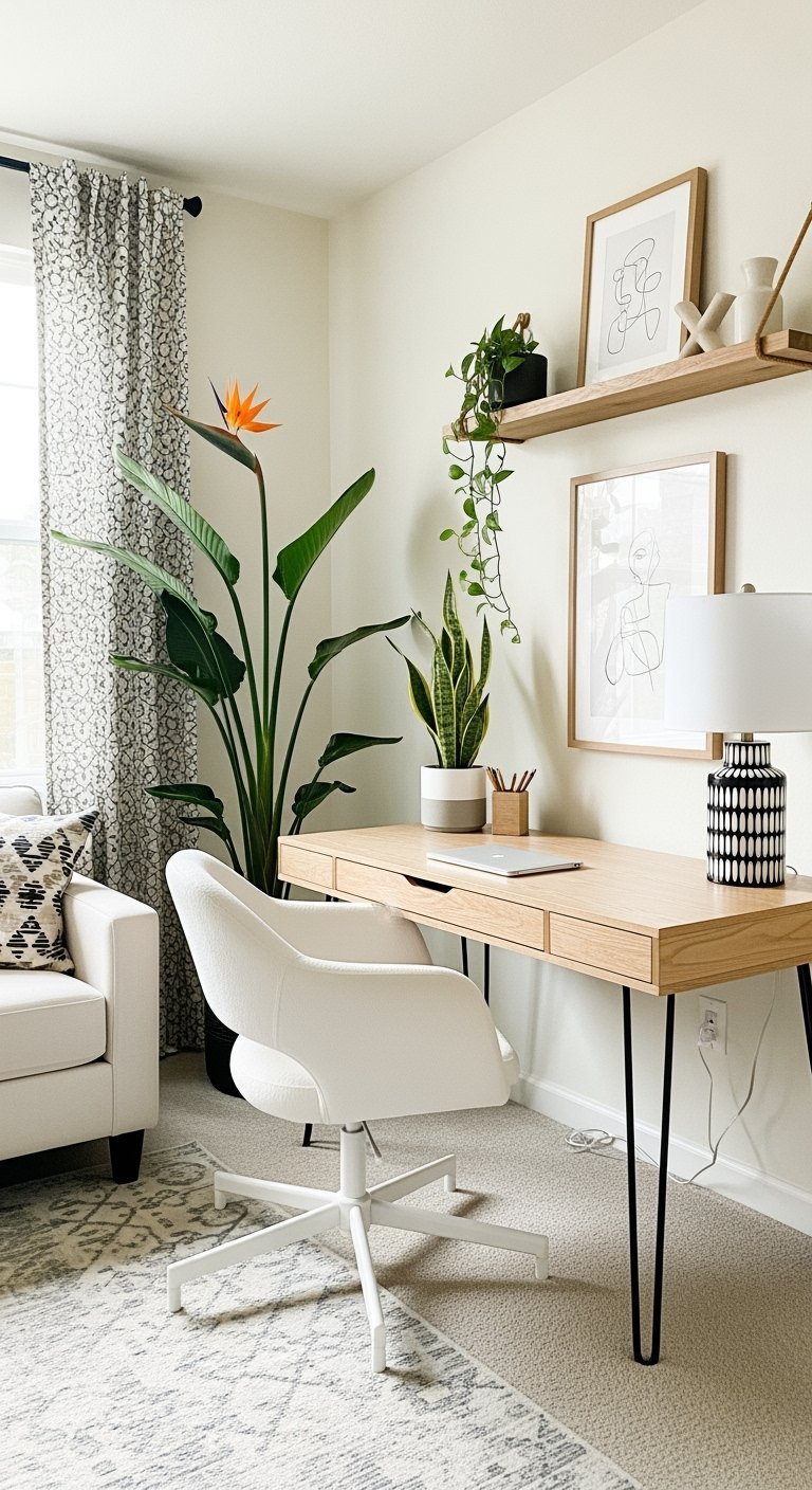 Bureau en bois clair de style scandinave avec chaise blanche et oiseau de paradis