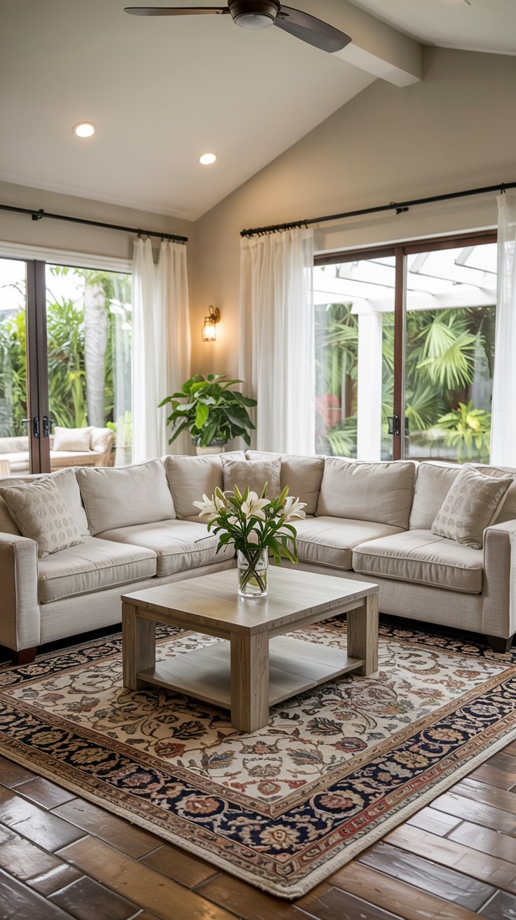 Canapé d'angle beige dans un salon lumineux avec vue sur jardin