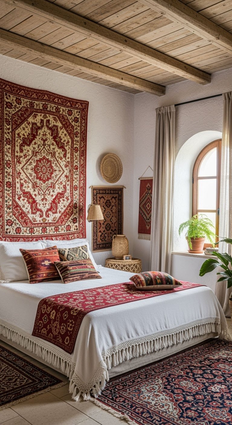 Chambre bohème avec grande tenture murale rouge et beige