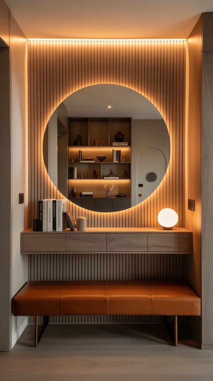 Console suspendue en bois avec miroir rond rétroéclairé