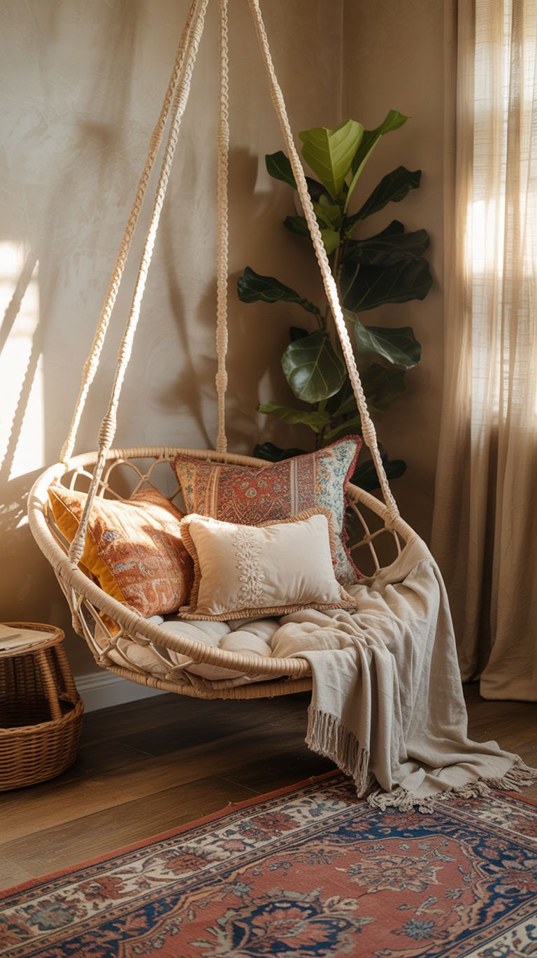 Fauteuil suspendu en rotin avec coussins bohemes confortables