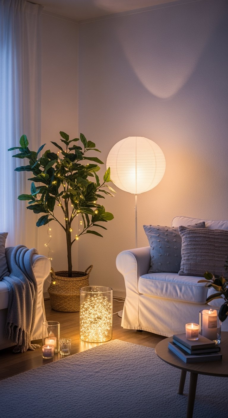 Fauteuils blancs illuminés par des bougies et des guirlandes lumineuses