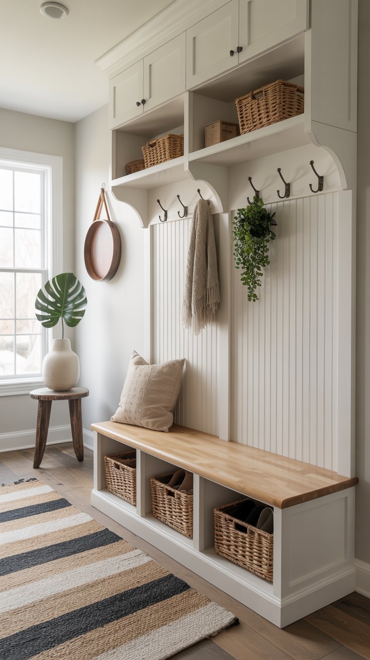 Meuble entrée blanc de style farmhouse avec banc et paniers en osier