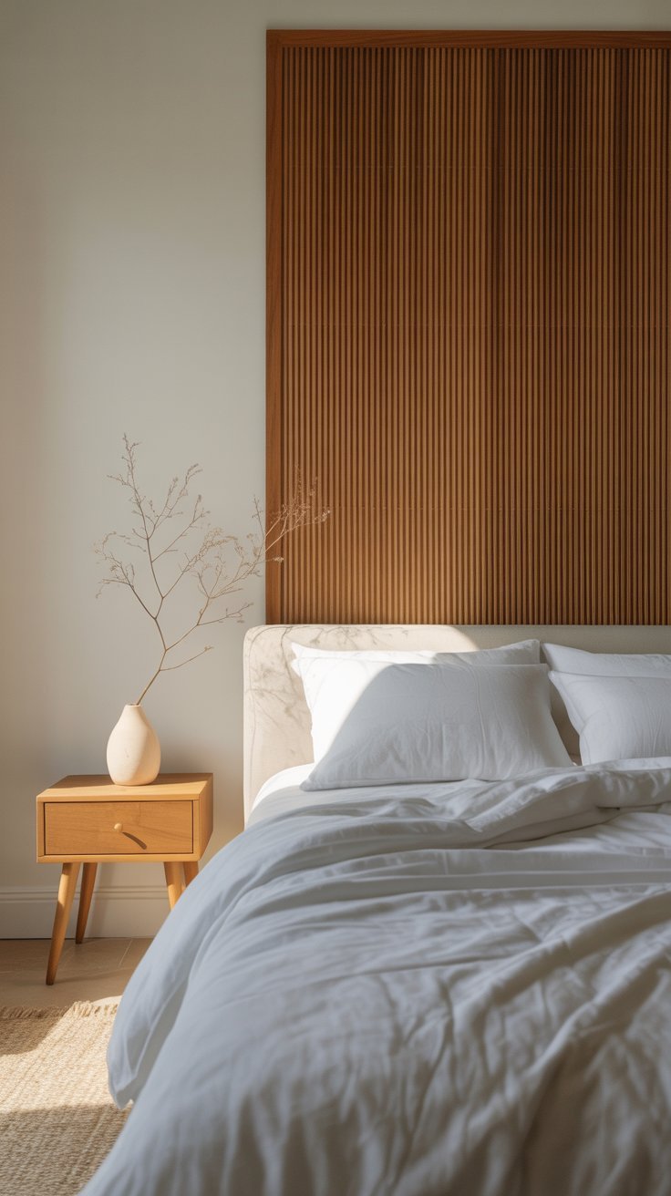 Tête de lit minimaliste faite avec un panneau de tasseaux de bois medium