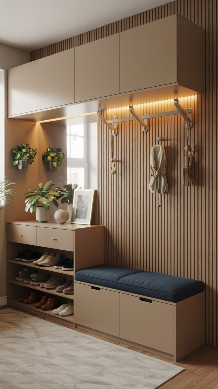 Vestiaire d entrée sur mesure beige avec banc à coussin bleu