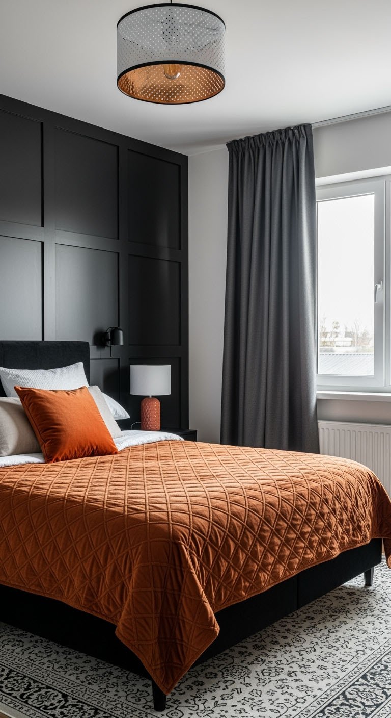 Chambre moderne avec un mur d'accent noir et une courtepointe orange brûlé.
