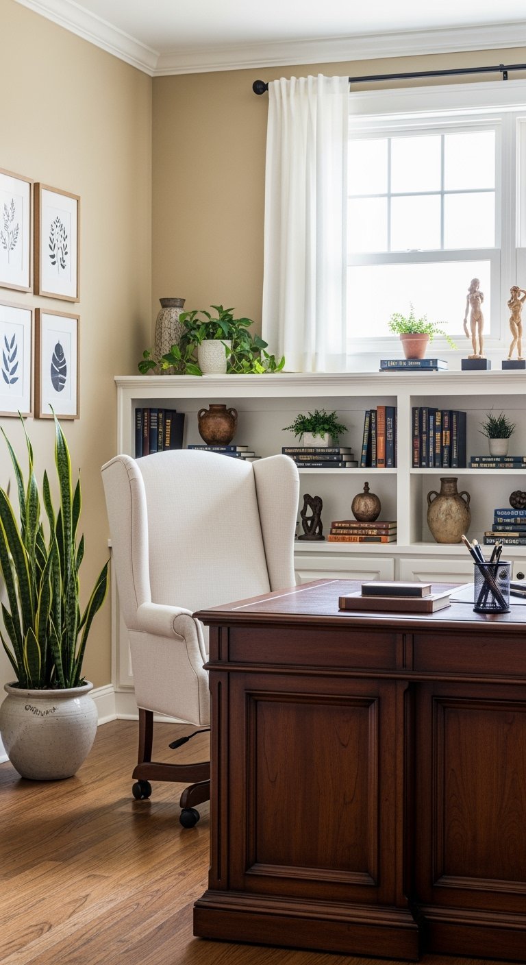Bureau de direction en bois foncé avec fauteuil à oreilles blanc et bibliothèque intégrée