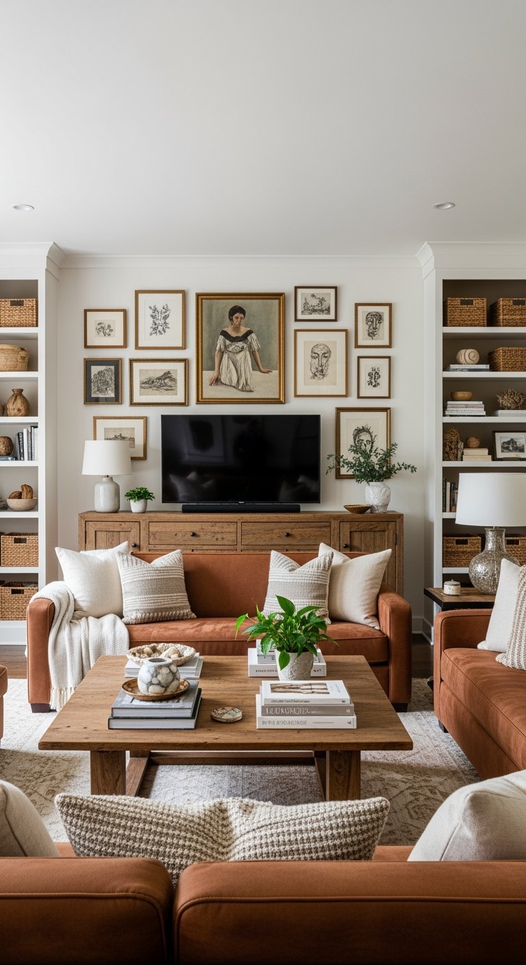 Canapé en cuir cognac devant un meuble en bois et un mur galerie