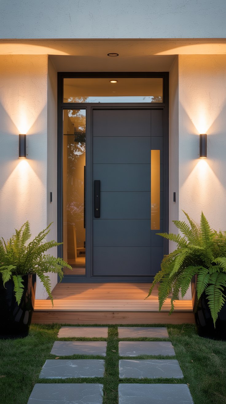 Porte dentree moderne grise avec éclairage mural symétrique