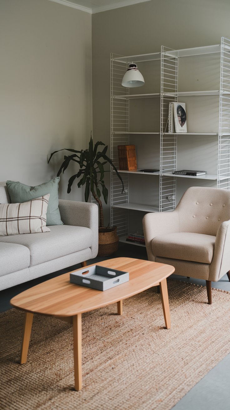 Salon de style nordique avec étagère en métal blanc et canapé gris
