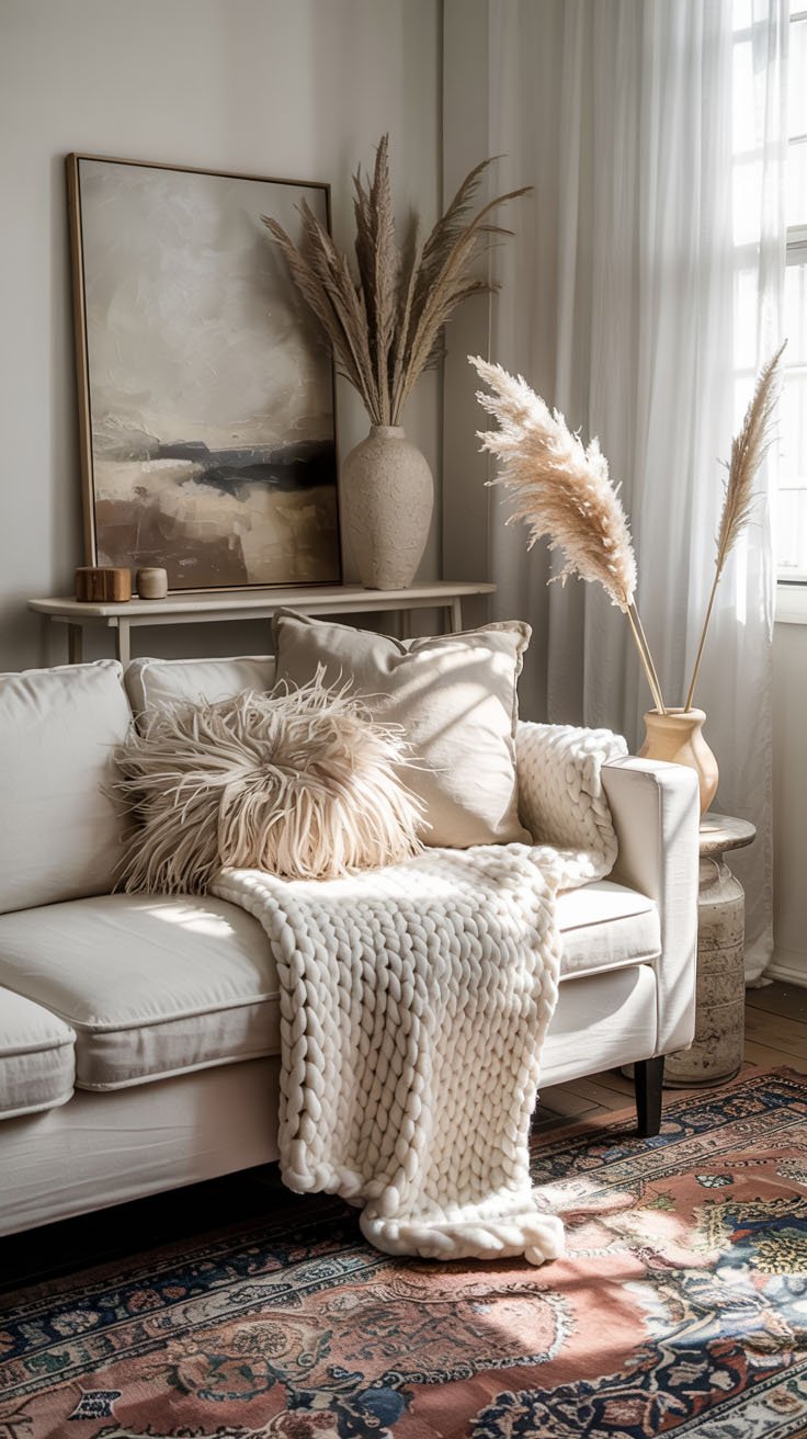 Canapé blanc avec plaid en grosse maille et coussin en fourrure