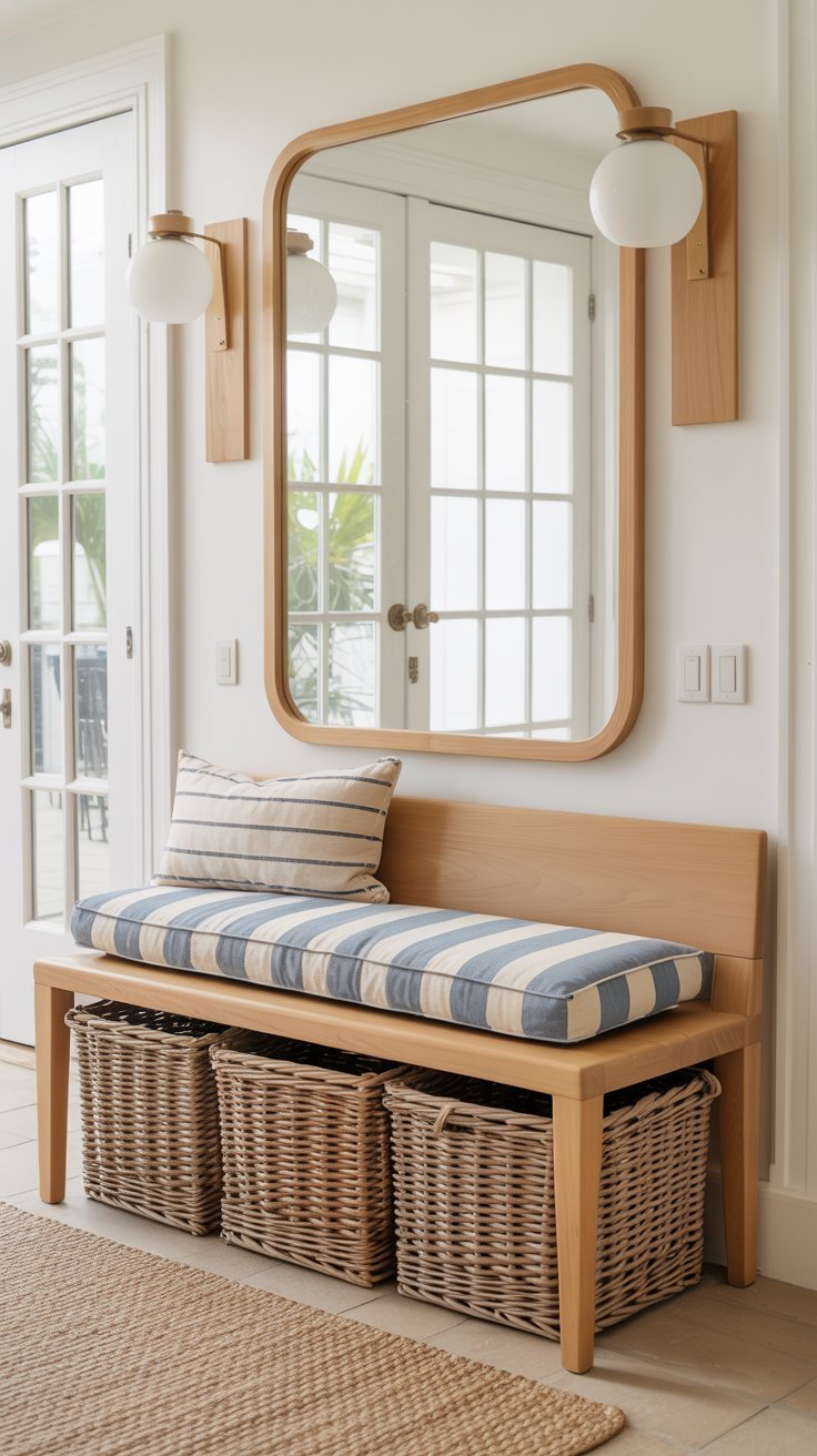 Banc de style côtier avec coussin à rayures et paniers en osier