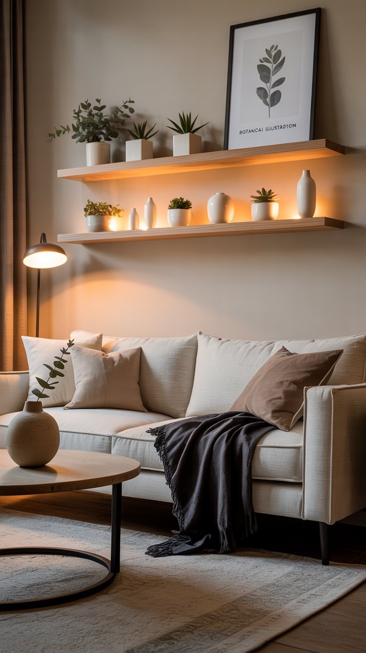 Canapé beige sous des étagères flottantes avec éclairage LED