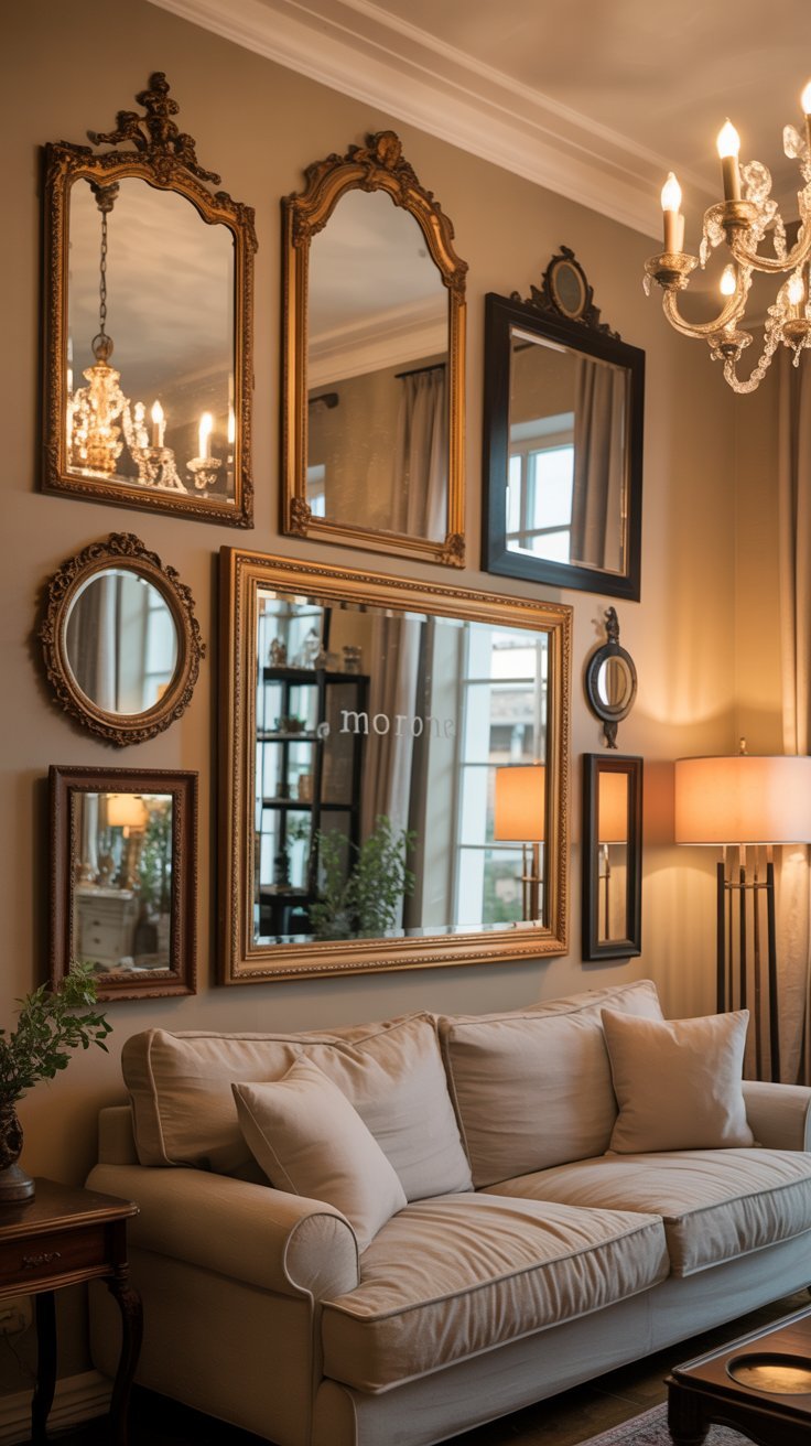 Canapé de couleur crème devant un mur de miroirs de style baroque