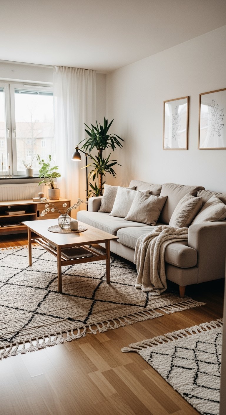 Salon de style scandinave avec canapé beige et tapis berbère