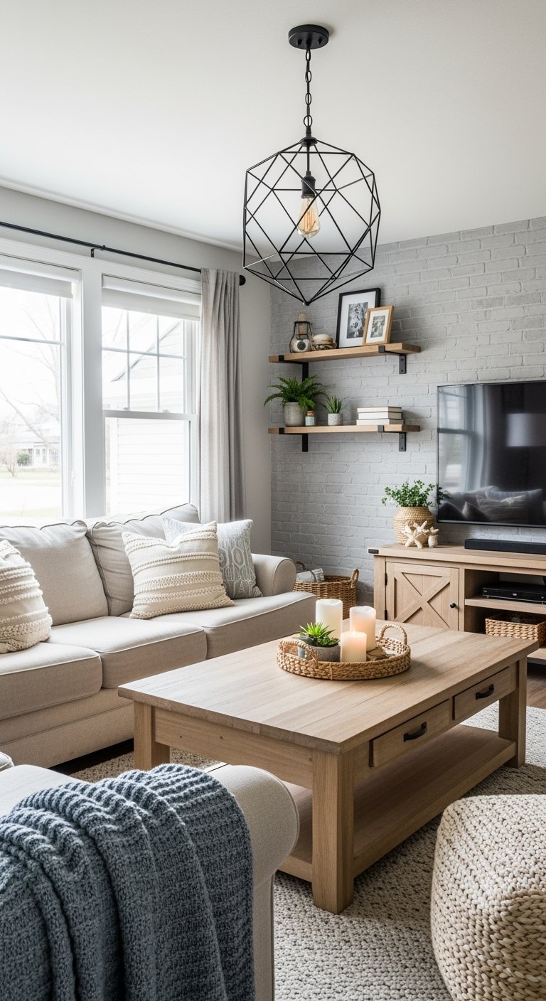 Salon farmhouse avec mur de briques grises et lustre géométrique