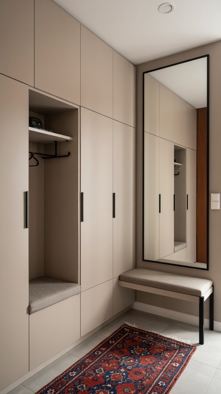 Vestibule intégré beige avec niche penderie et grand miroir