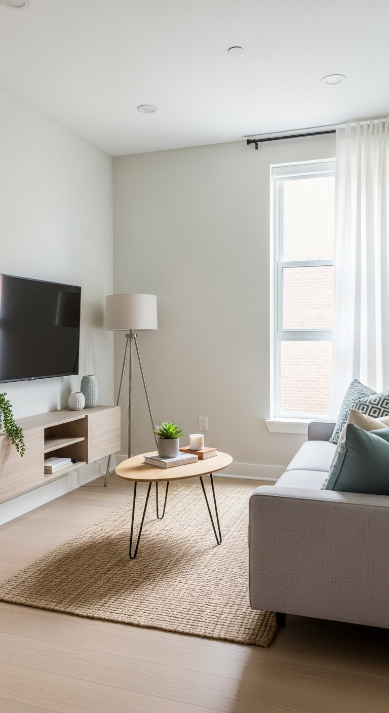 Canapé gris avec meuble TV flottant blanc dans un petit espace