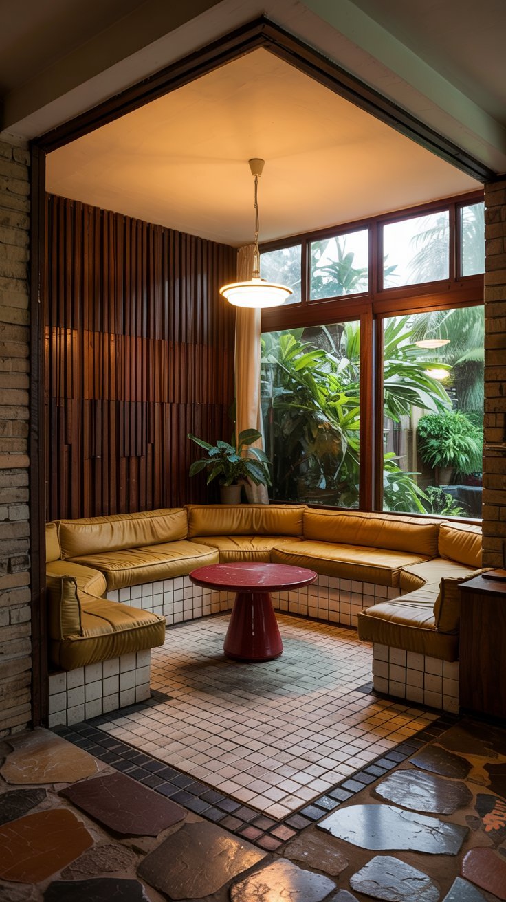 Coin salon rétro avec banquettes en cuir jaune moutarde