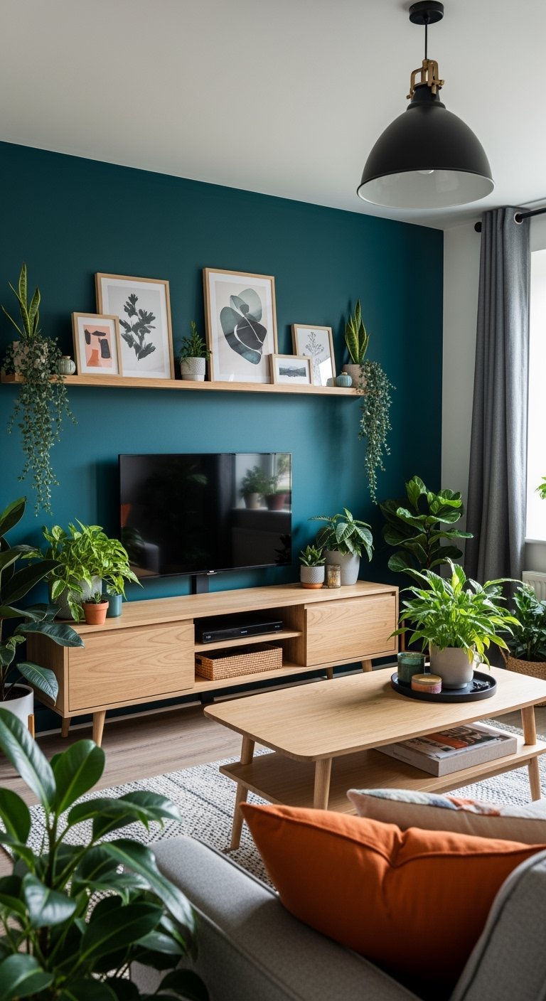 Mur daccent bleu sarcelle derrière un meuble TV en chêne