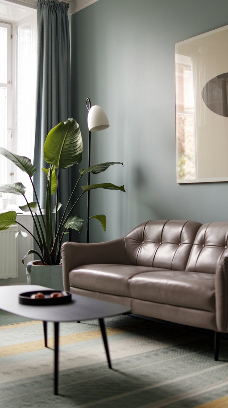 Canapé en cuir taupe devant un mur de couleur vert bleu