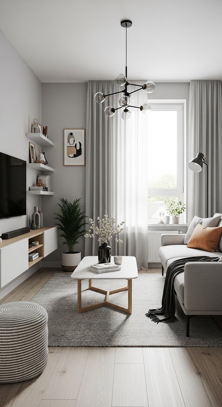 Salon scandinave moderne avec canapé gris et meuble TV blanc