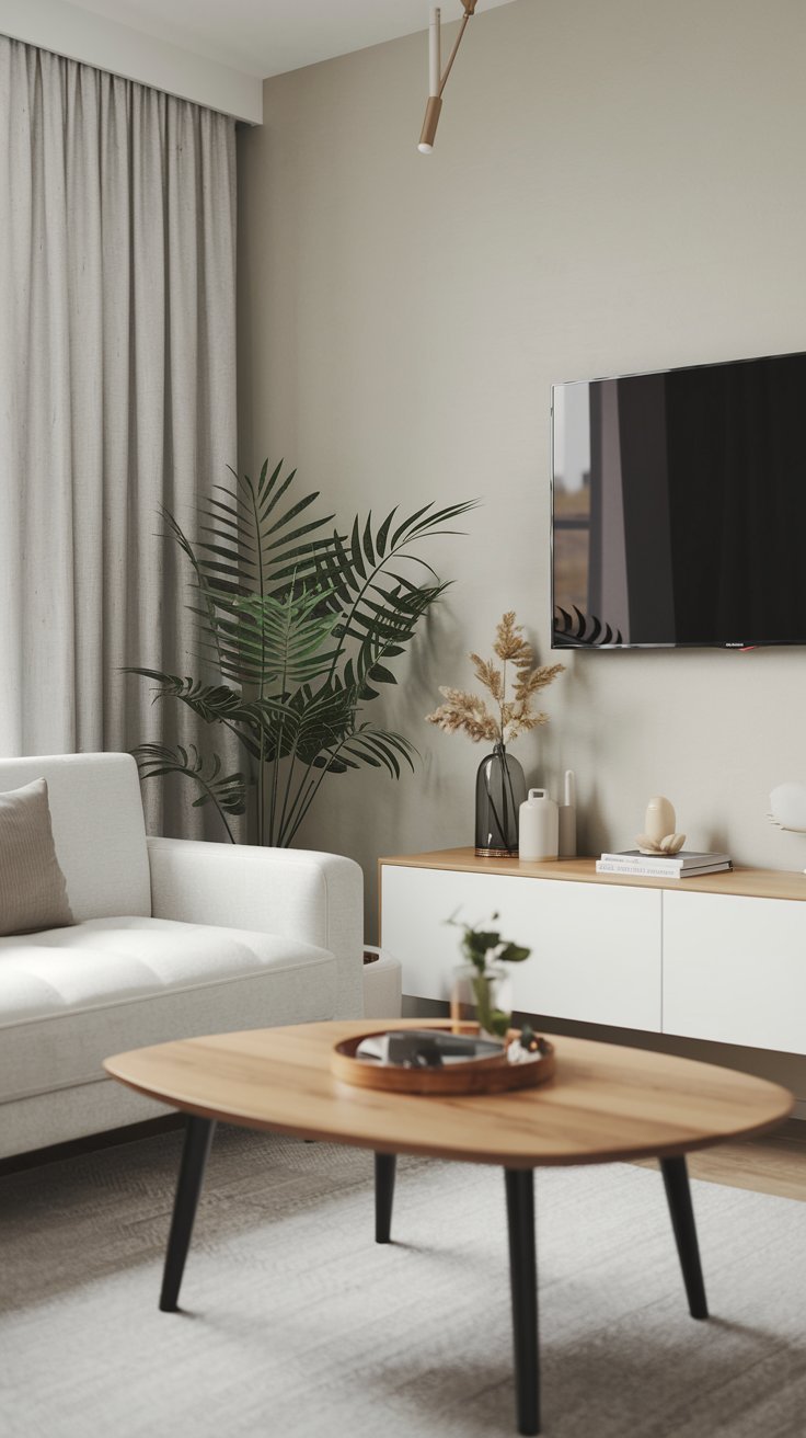 Salon aux tons naturels avec canapé blanc et meuble TV en bois