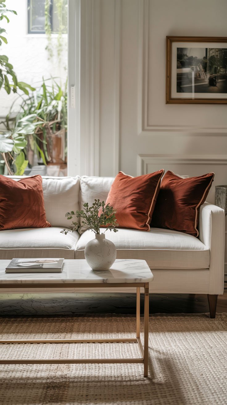 Canapé blanc moderne avec deux coussins en velours rouille et table basse en marbre