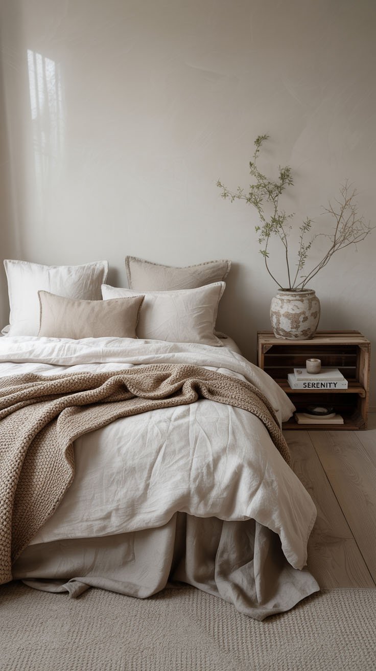 Chambre minimaliste avec des tons neutres et un plaid en tricot