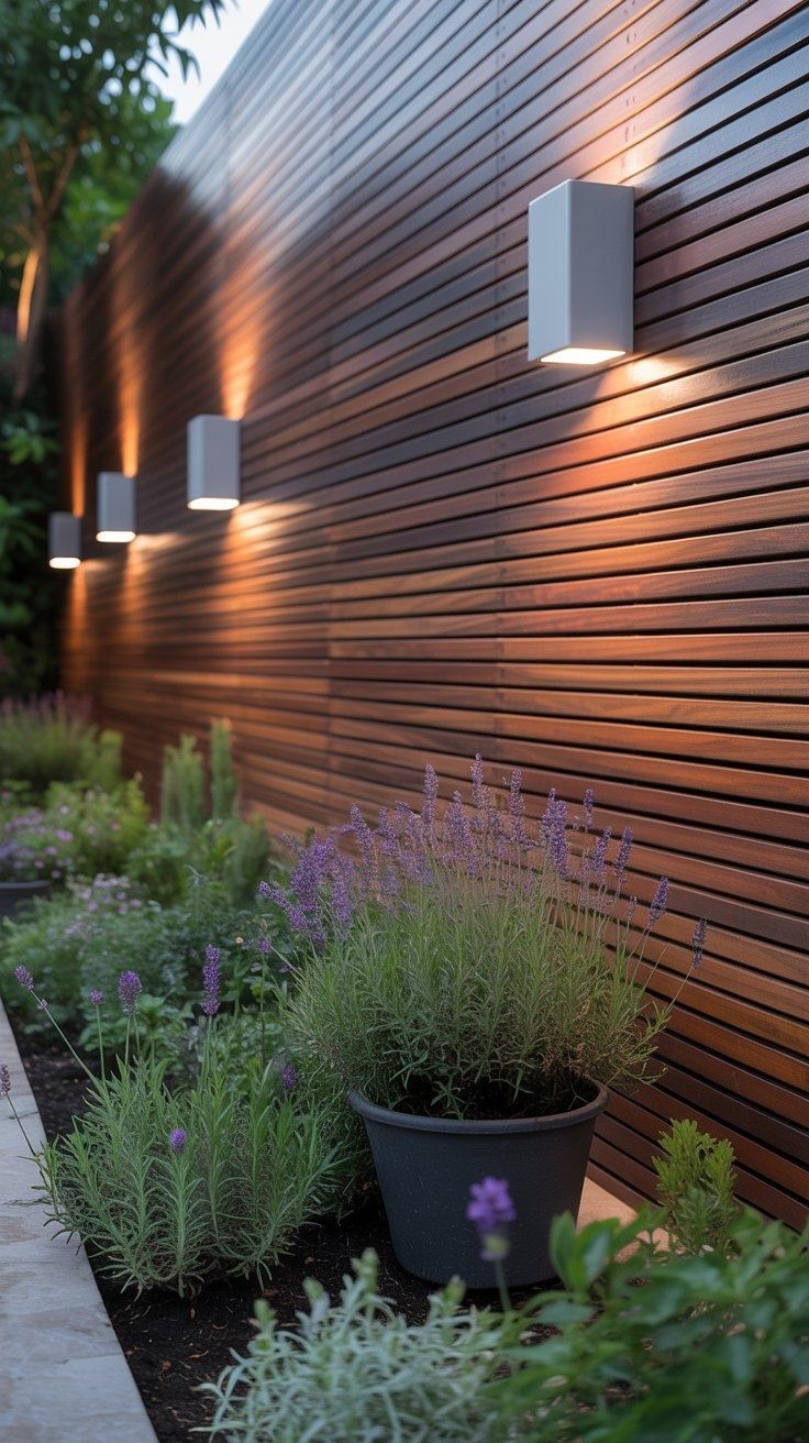 Bardage extérieur en bois foncé avec appliques lumineuses