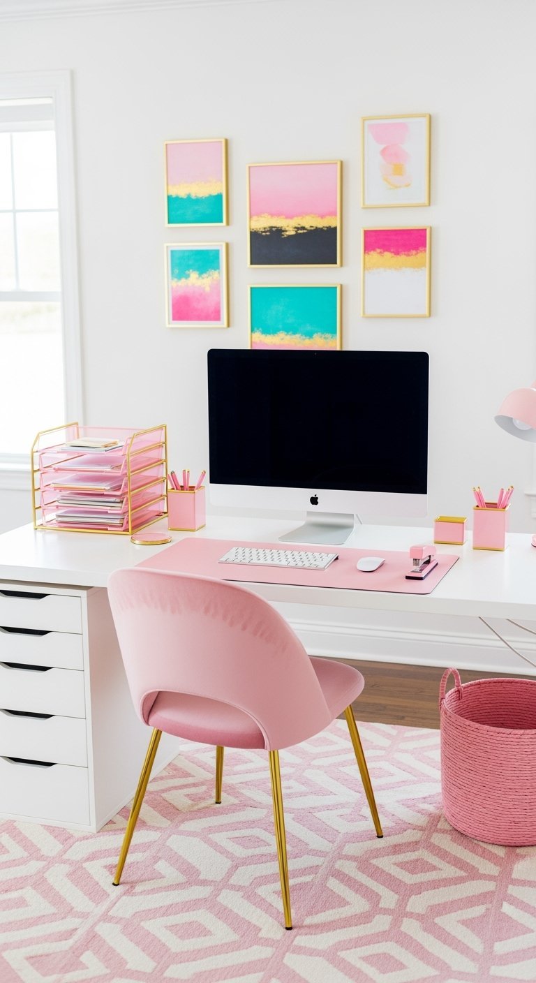 Bureau blanc et rose avec chaise en velours à pieds dorés et galerie d'art murale