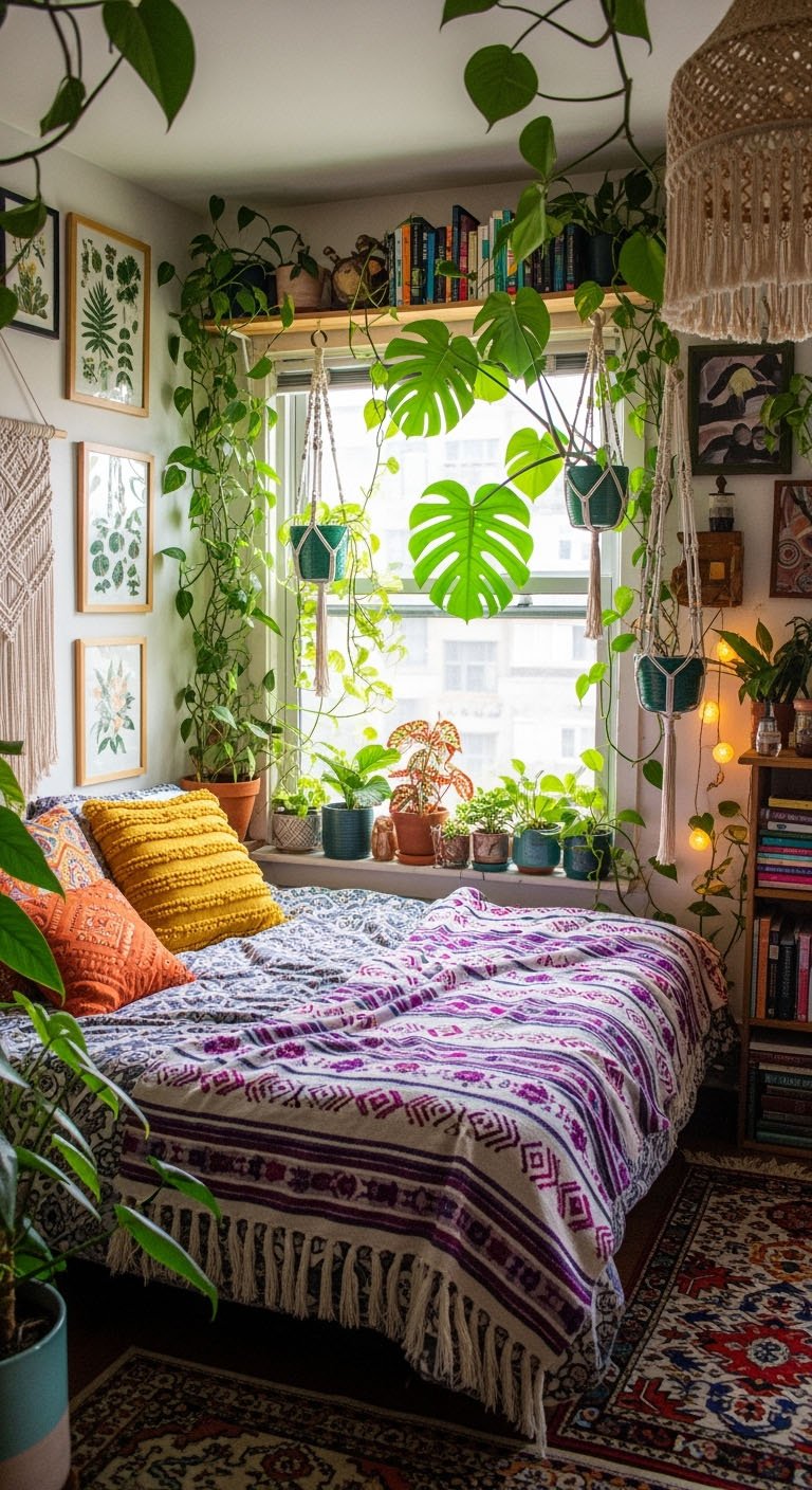 Chambre bohème avec nombreuses plantes vertes près de la fenêtre