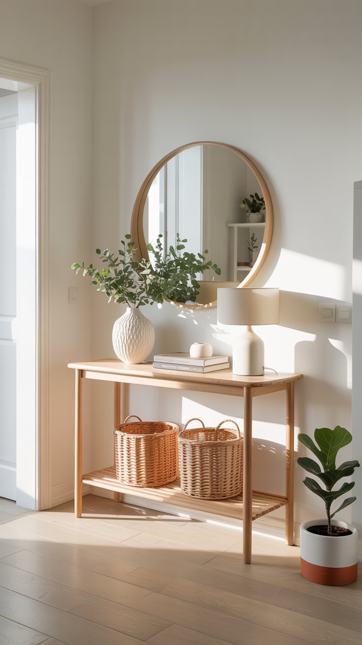 Console entrée en bois clair avec miroir rond et paniers en osier