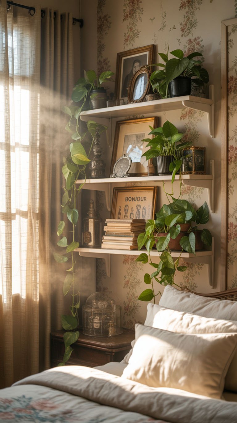 Etagere vintage avec plantes tombantes et cadres photo anciens