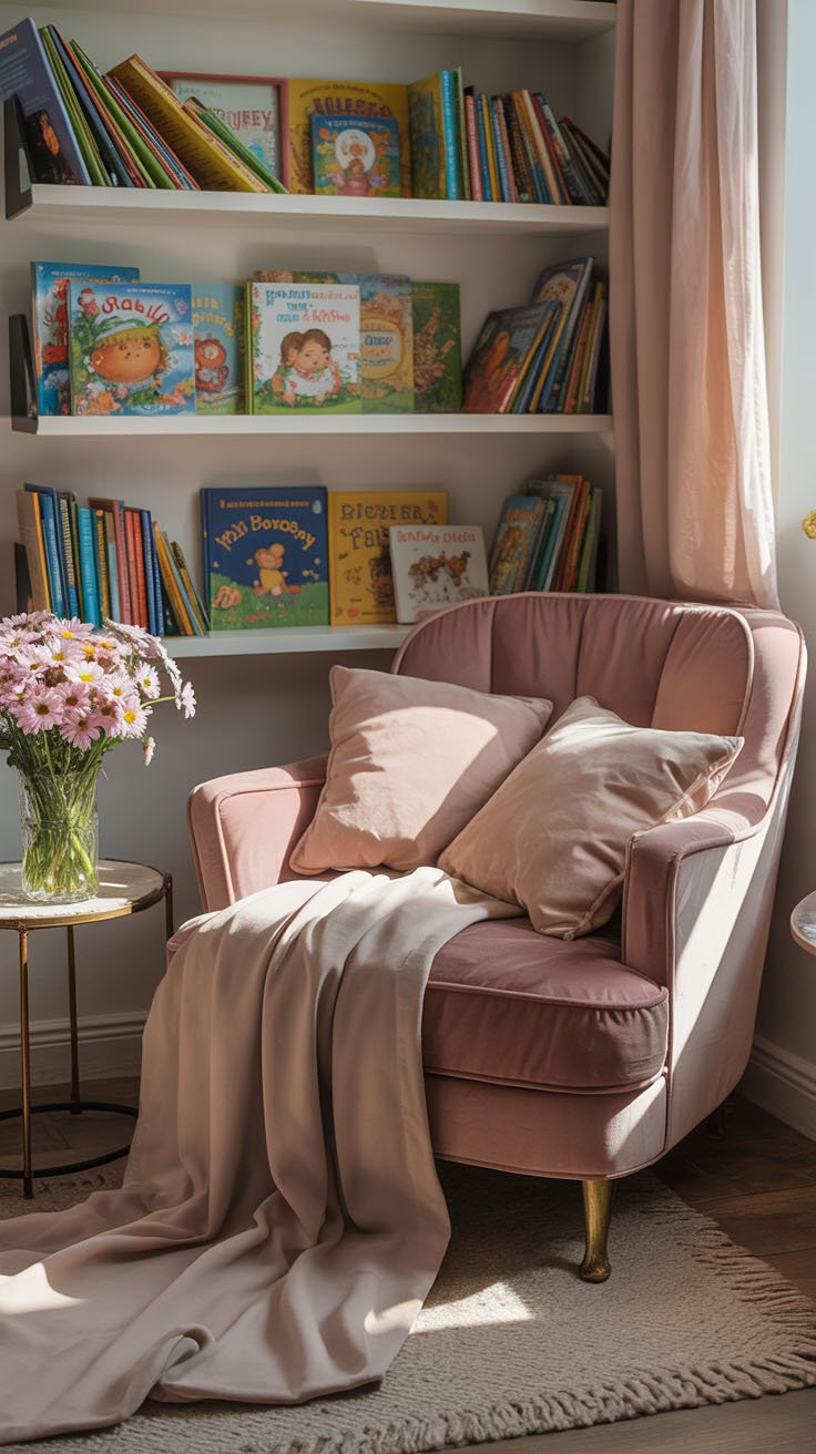 Fauteuil en velours rose dans une bibliothèque pour enfants aux tons pastel