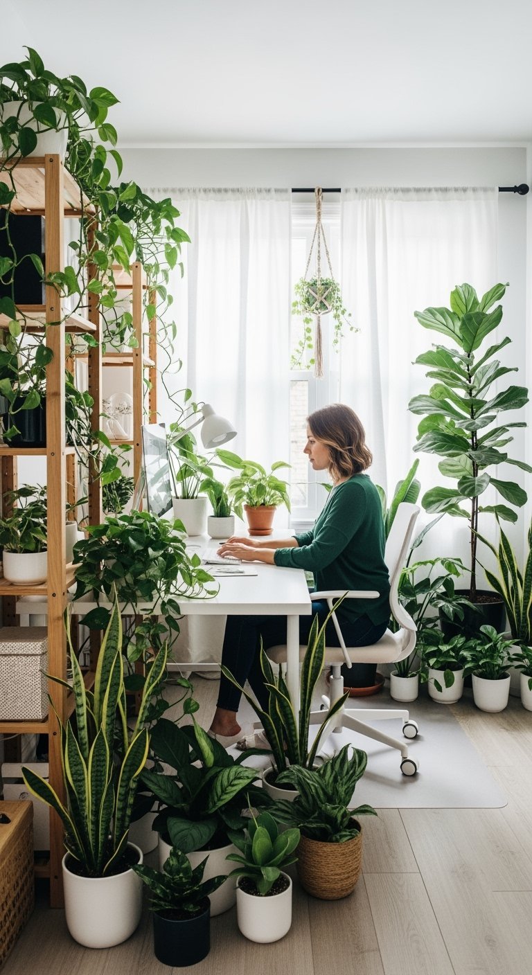 Femme travaillant dans un bureau rempli de plantes vertes luxuriantes
