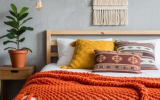 Lit en bois avec plaid orange en grosse maille et macramé mural