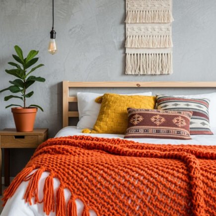 Lit en bois avec plaid orange en grosse maille et macramé mural