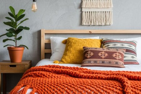 Lit en bois avec plaid orange en grosse maille et macramé mural