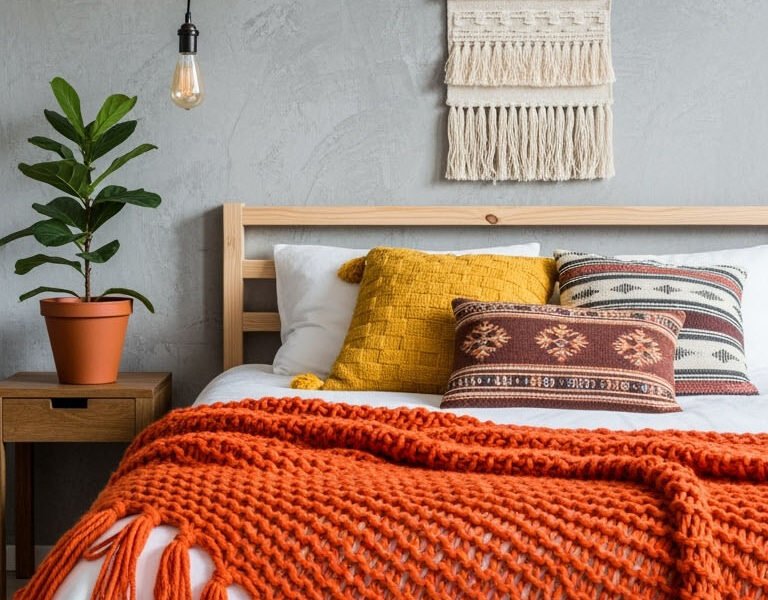 Lit en bois avec plaid orange en grosse maille et macramé mural