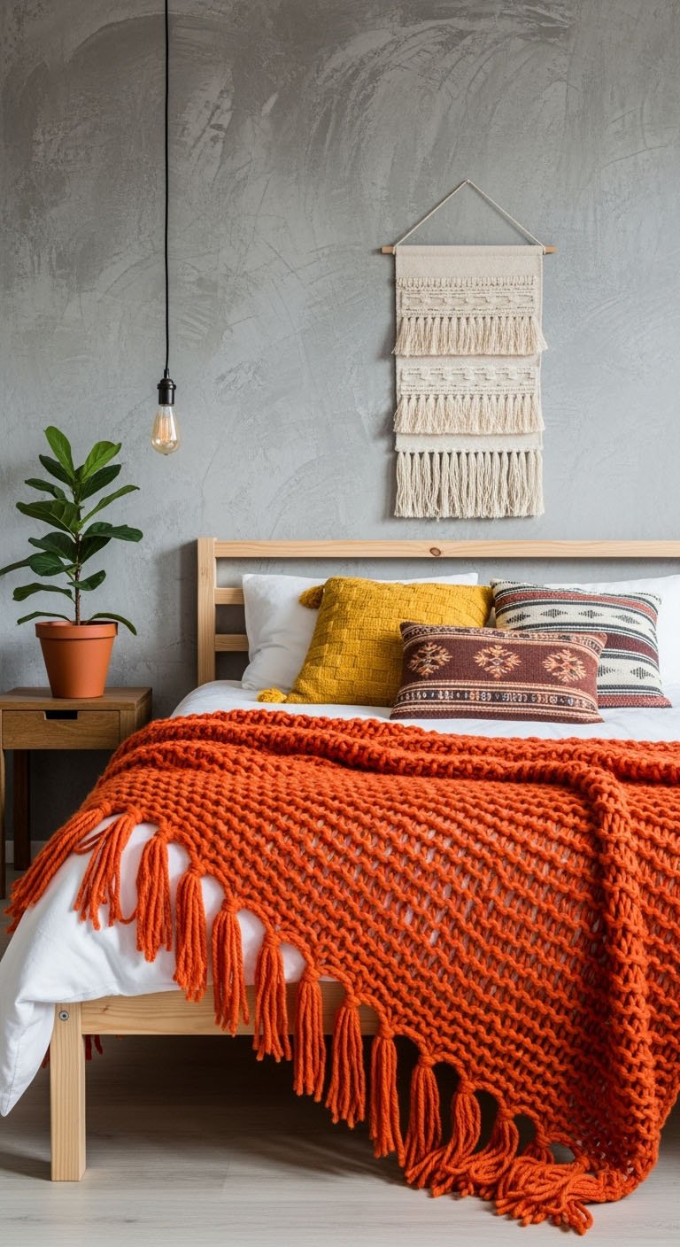 Lit en bois avec plaid orange en grosse maille et macramé mural