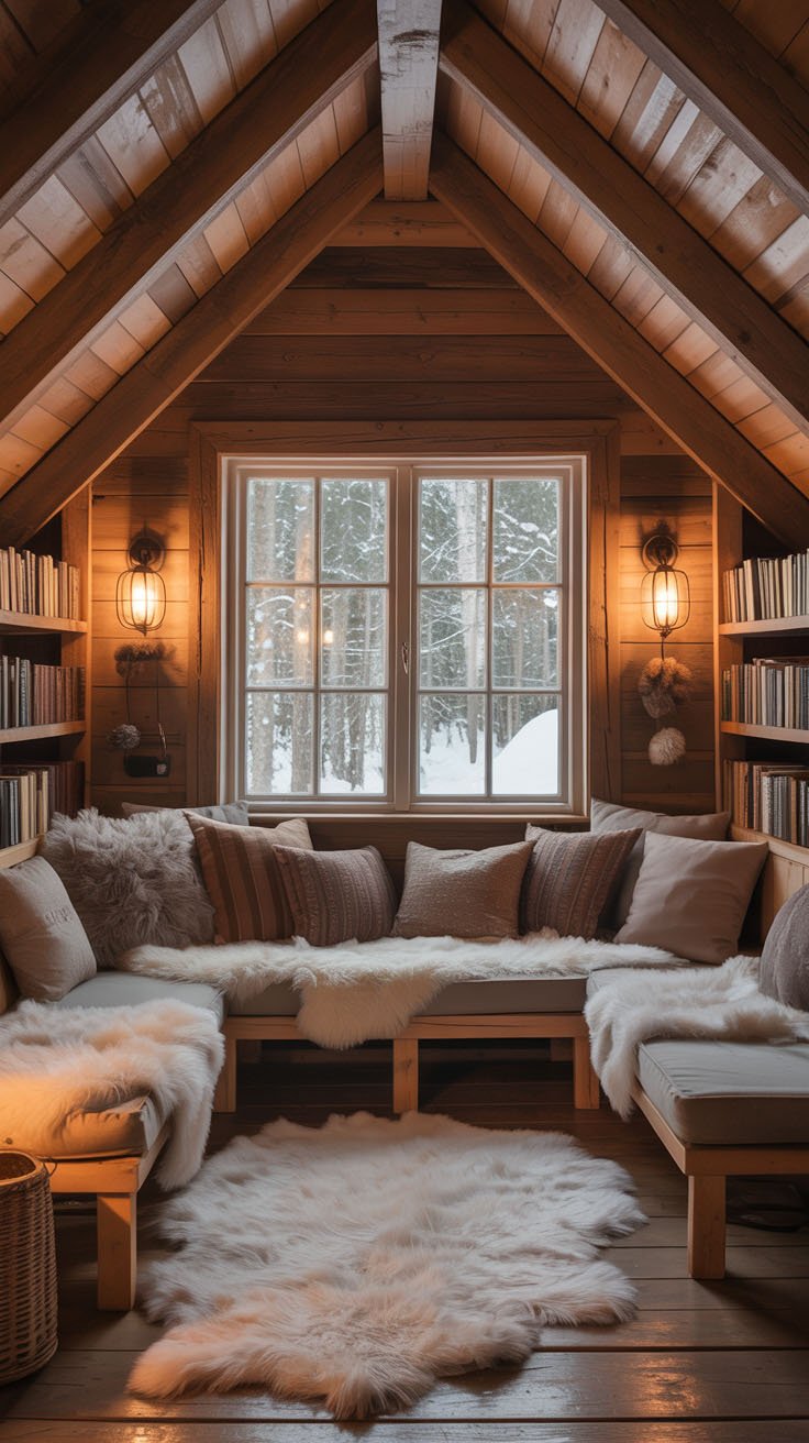 Loft en bois aménagé en coin salon avec coussins et peaux de mouton