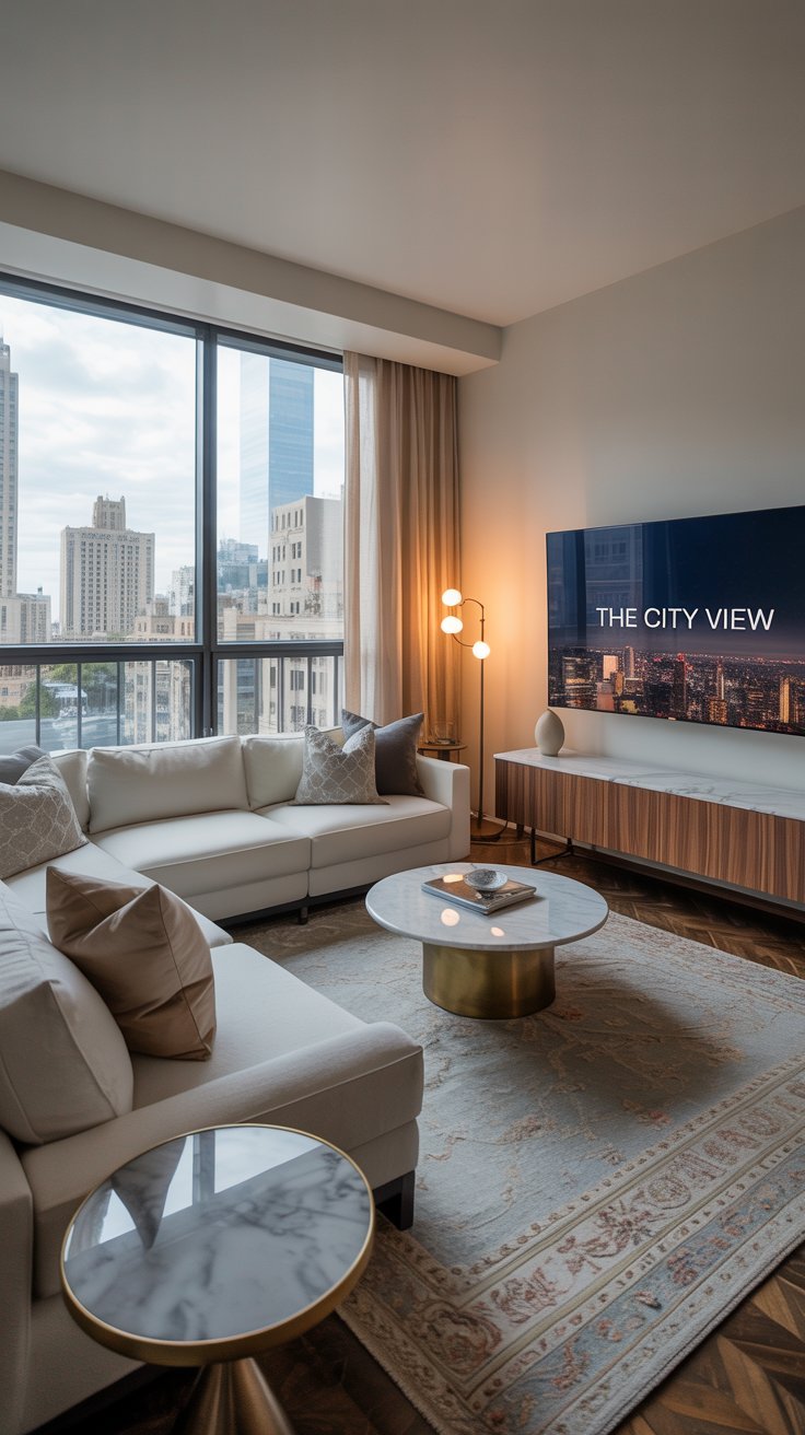 Salon moderne avec canapé blanc et vue sur la ville