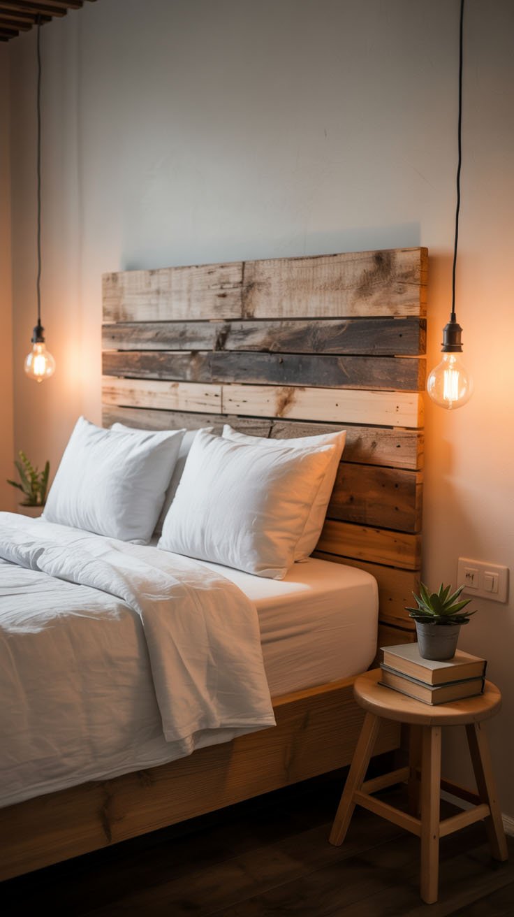 Tête de lit en palettes de bois avec ampoules Edison suspendues