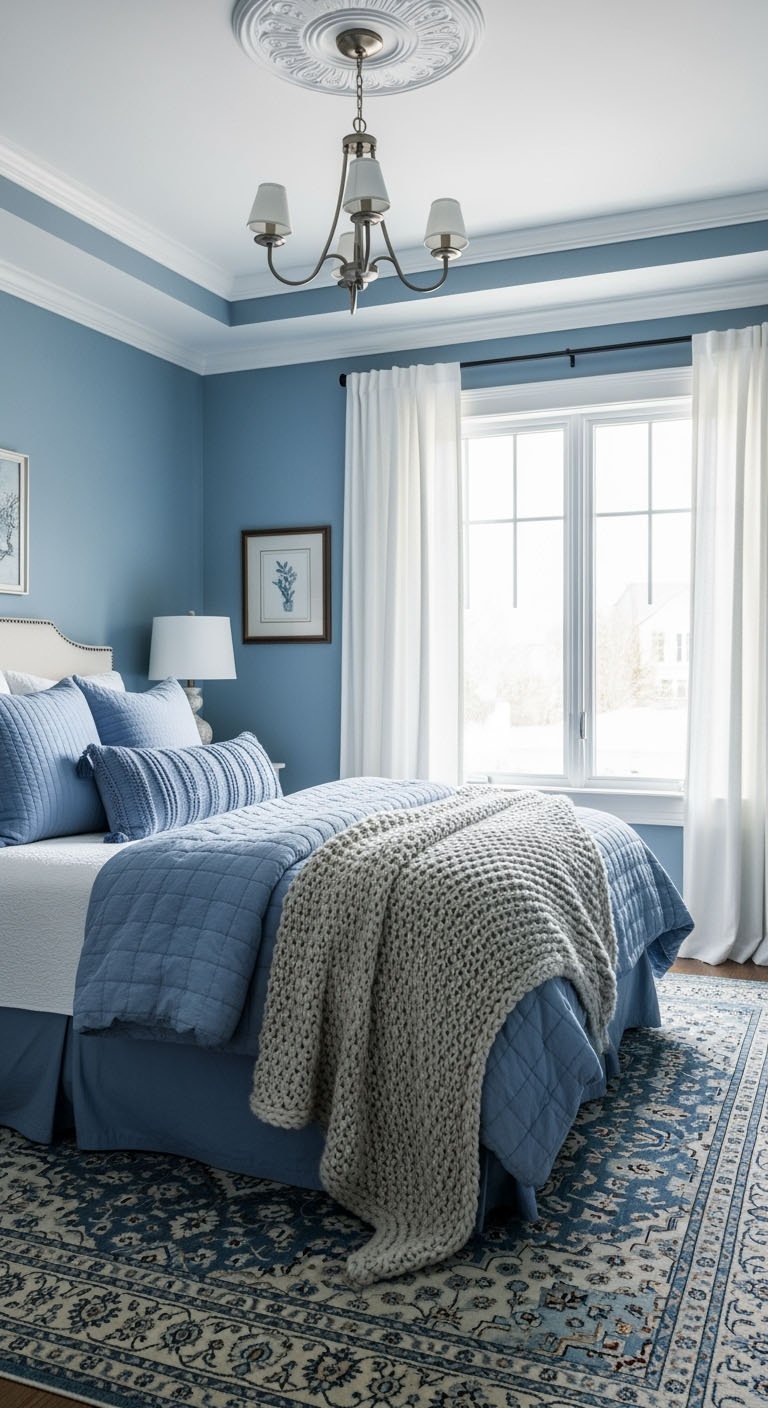 Chambre classique avec des murs bleus et un plaid en grosse maille grise sur le lit.