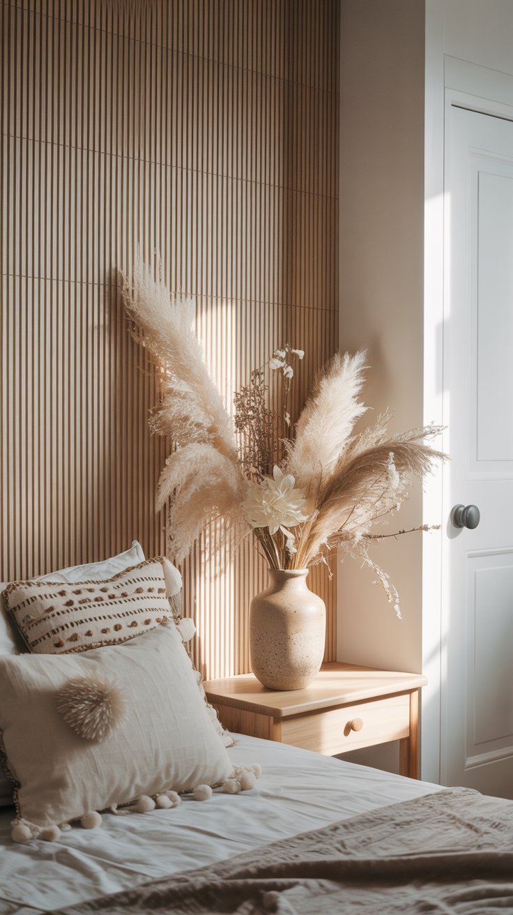 .jpg Gros plan sur une table de chevet devant un mur de tasseaux avec un vase de pampa