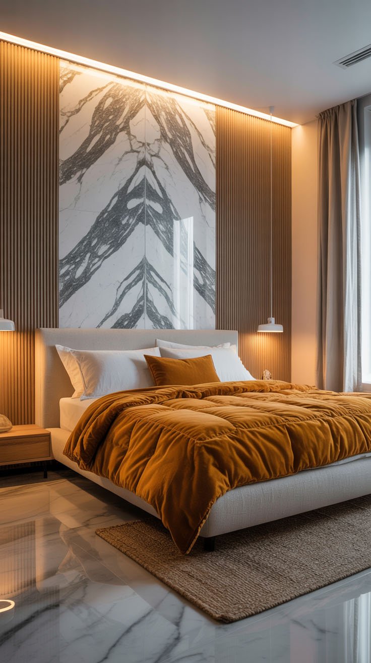 Chambre moderne avec mur en marbre et couette couleur moutarde