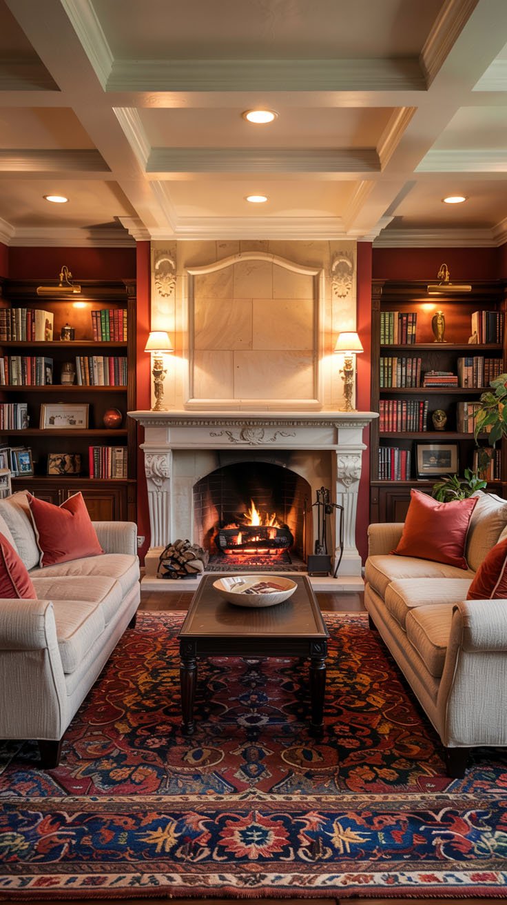 Salon traditionnel avec cheminée en pierre, bibliothèques intégrées et tapis persan