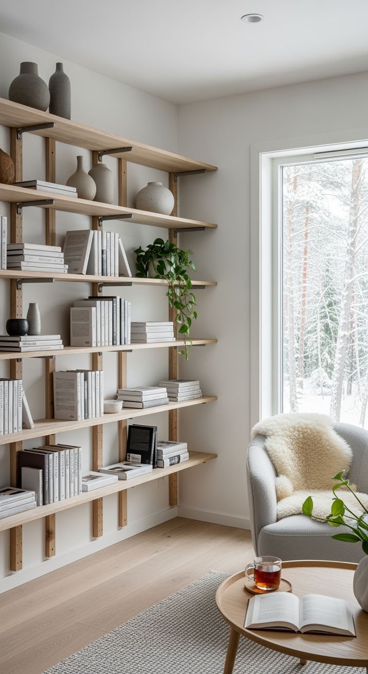 Bibliothèque minimaliste en bois clair avec vue sur la neige