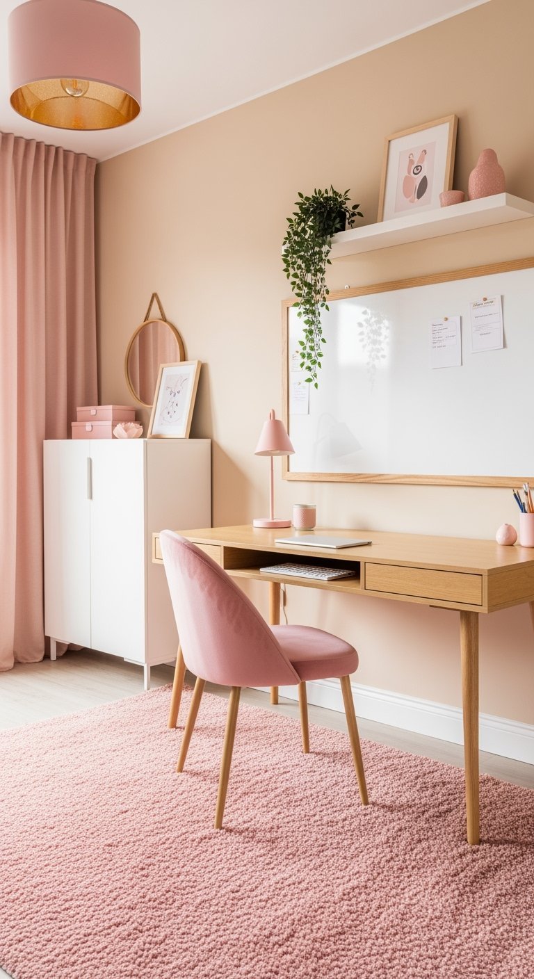 Bureau en bois avec chaise rose en velours et grand tapis rose moelleux